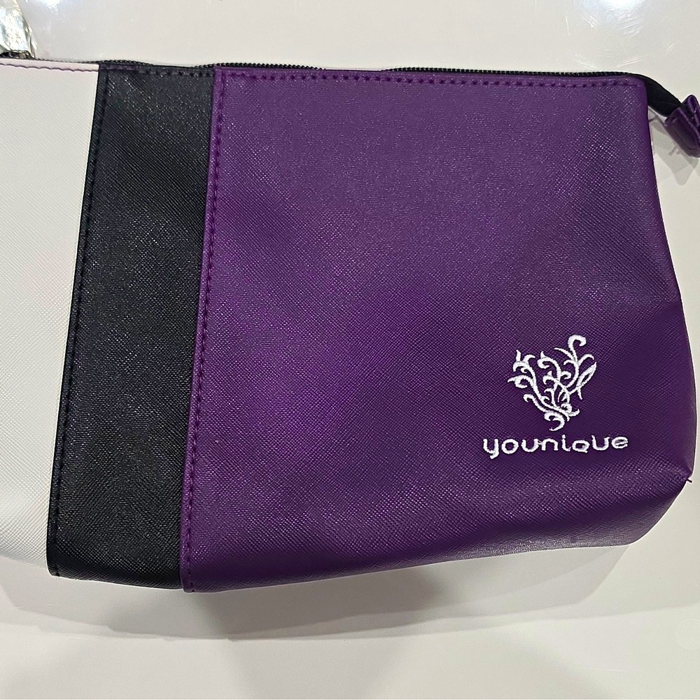 Younique Zipper Makeup Bag Cosmetic Case Faux Leather Purple Black White NWOT